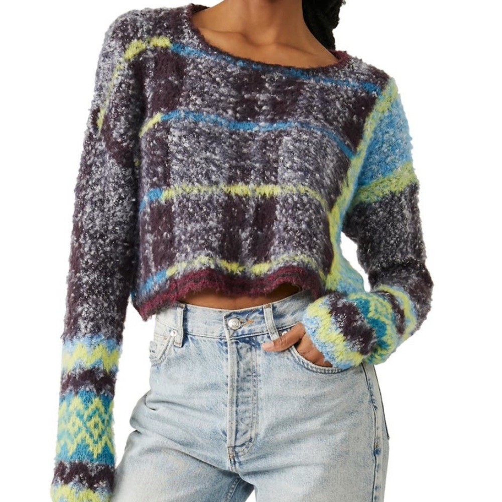 Free People Multicolor Fuzzy Cropped Sweater - Purple, Blue, Lime
